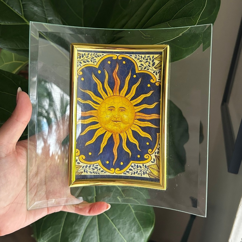 Vintage Curved Glass Picture Frame Small Gold Blue Celestial Sun Motif